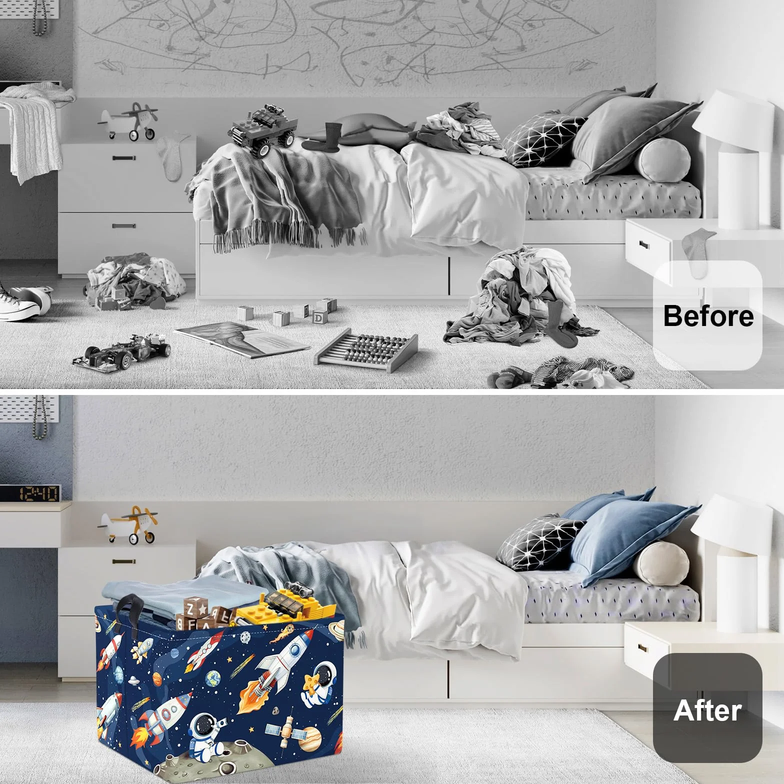 Grand Corbeille a Linge Fusées Spatiales Astronaute Repliable Panier Rangement Jouets Vêtements pour Maison, Bleu, 36L