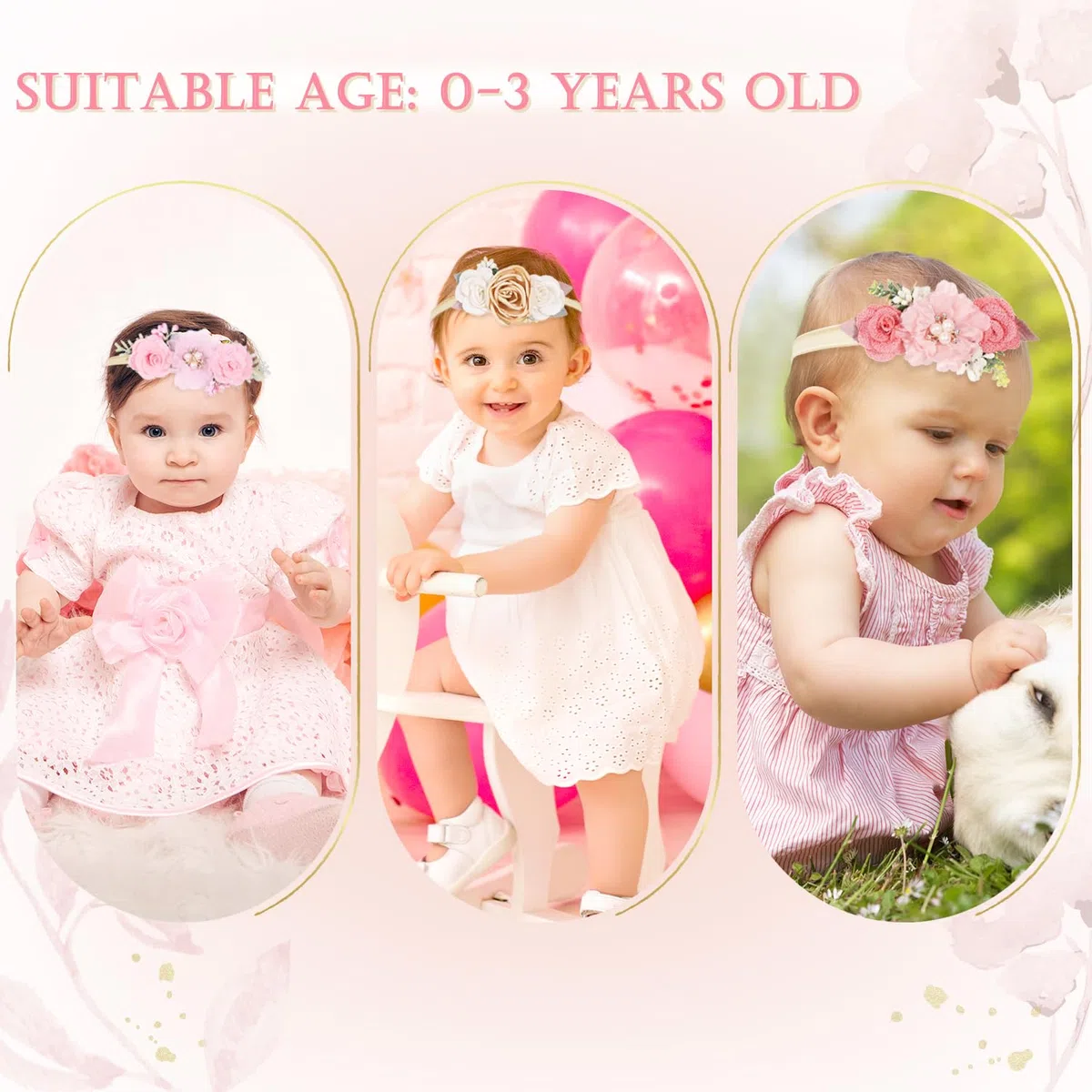 Lot de 3 bandeaux pour bébé fille, bandeaux pour fille avec ruban gros-grain, floraux en nylon pour bébé, tout-petits et accessoires pour cheveux nouveau-nés (rose)