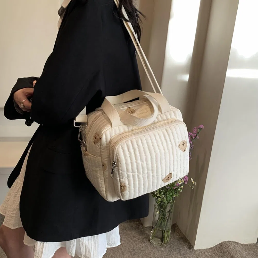 Grand sac à langer cabas, sac à langer matelassé avec motif ours et fleurs, bandoulière réglable, sacs multifonctionnel pour maternité et change de bébé, sacs de voyage pour forents actifs