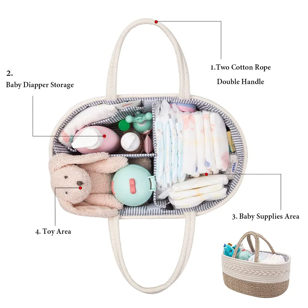 Angelkiss Boîte à couches multifonction pour bébé, sac à couches portable en plein air, sac de rangement en corde de coton, panier de rangement pour couches de bébé