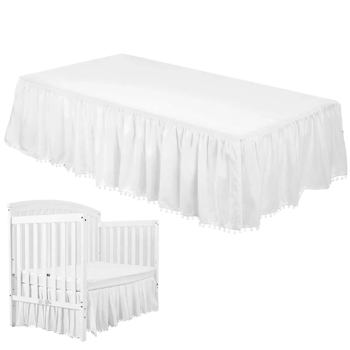 ZORQ Jupe de Berceau, Jupes de lit pour Tout-Petits, Jupe de Berceau à Volants de 71,1 x 132,1 cm, Volant Anti-poussière avec Pompons pour berceaux Standard et la Plupart des Lits pour Tout-Petits