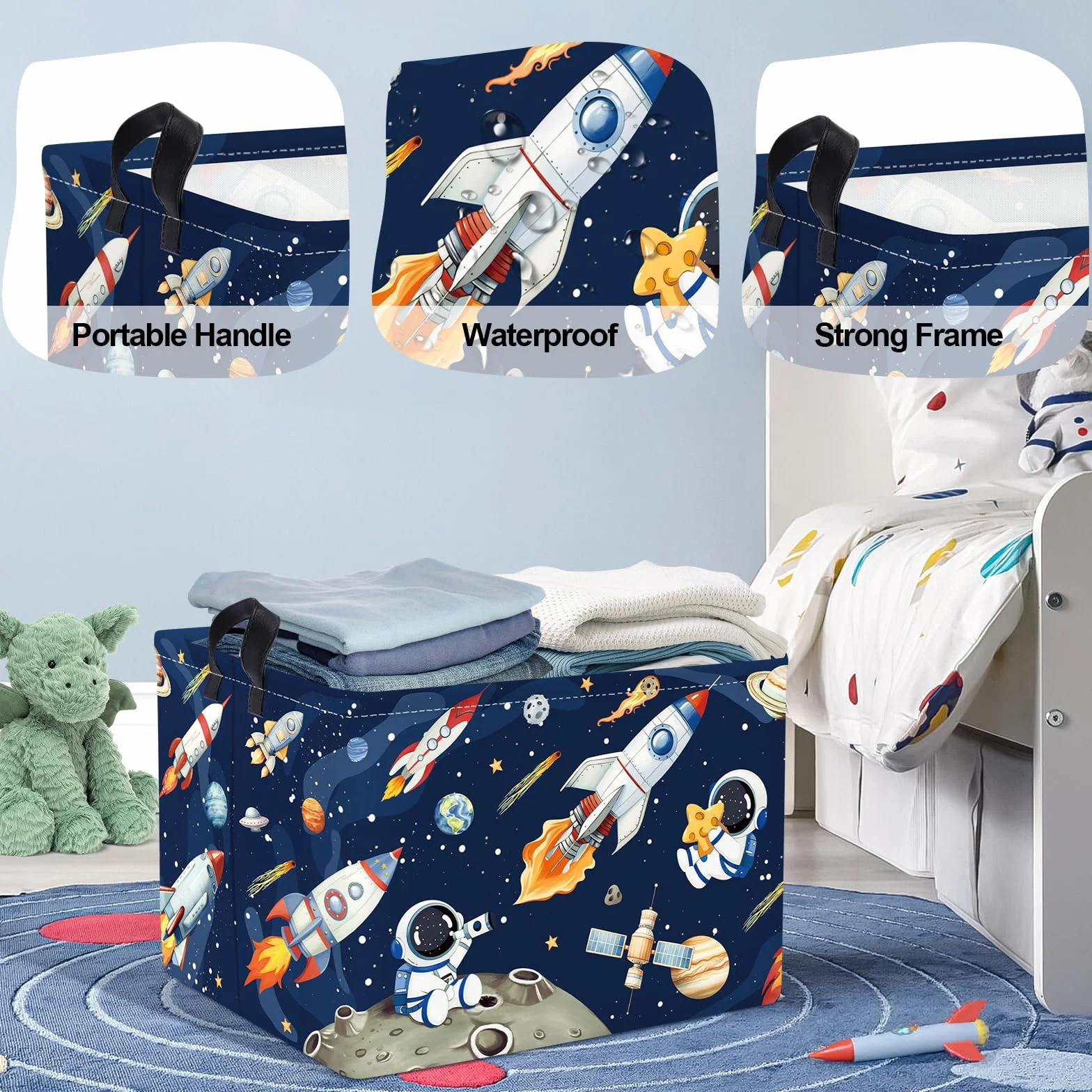 Grand Corbeille a Linge Fusées Spatiales Astronaute Repliable Panier Rangement Jouets Vêtements pour Maison, Bleu, 36L