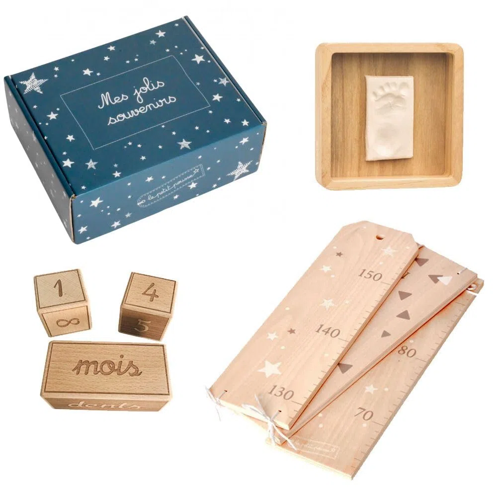 Coffret cadeau bébé en bois : boite cadeau contenant une toise, des cubes étapes et un cadre empreinte en bois