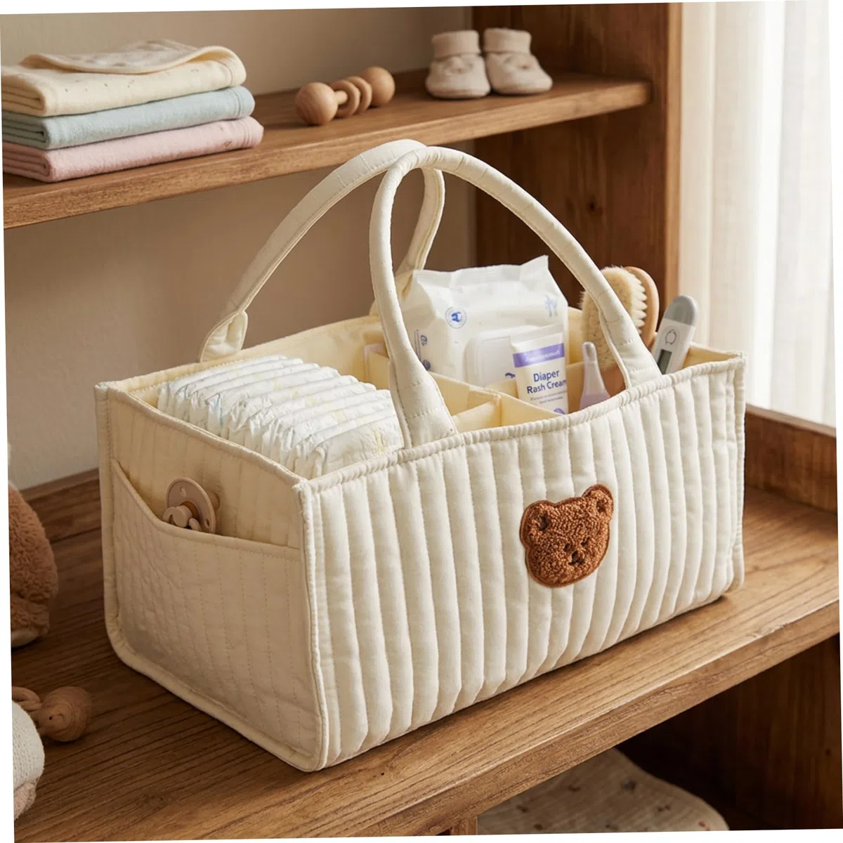 Panier à couches matelassé portable avec séparateurs amovibles et poignées pour la chambre de bébé, panier de rangement pour couches, lingettes, jouets et articles puériculture, à couc