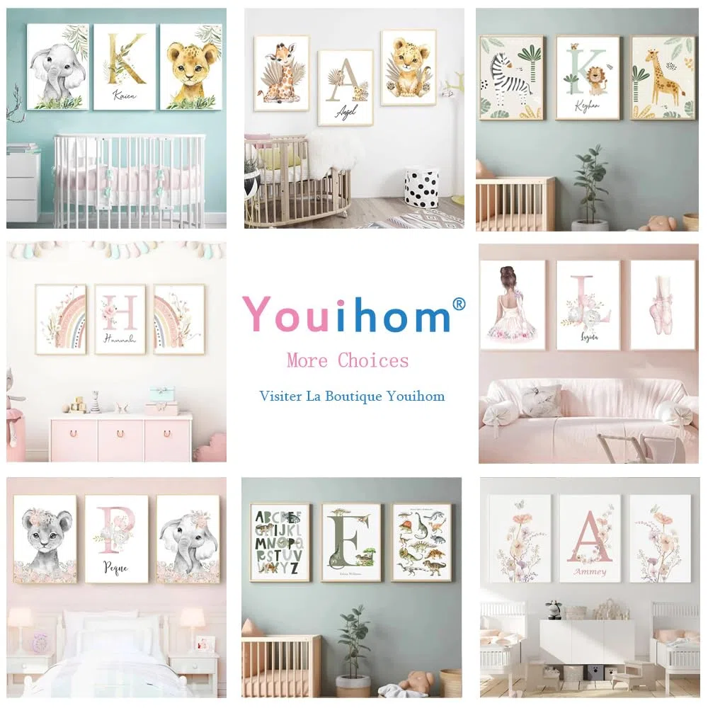Youihom Lot de 3 Tableau Prenom Personnalisable Toile Affiche Fille Deco Chambre Poster 30x40 Decoration Murale Cadeau pour Bebe Enfant sans Cadre (YHH011-30x40cm)
