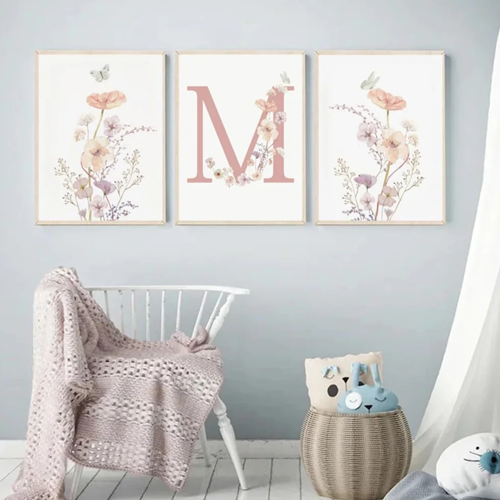 Youihom 3 Affiche Prenom Bebe Fille Tableau Chambre Enfant Fleur Rose 30x40 Poster Personnalisé Bebe Toile Chambre Enfant Affiche Decoration Murale Bébé Fille sans Cadre