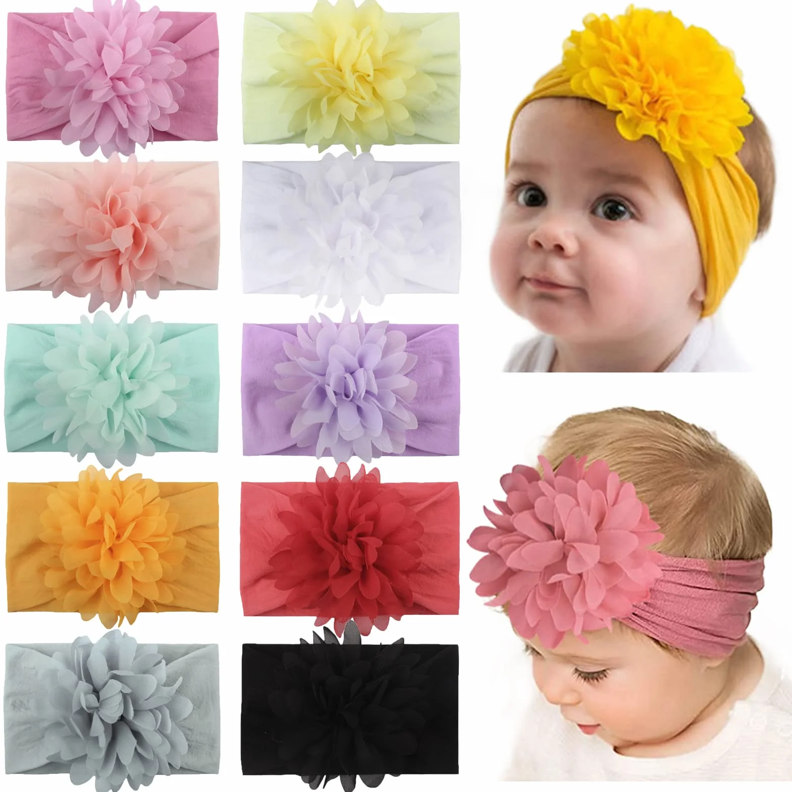 10 pièces bébé filles bandeaux en nylon fleur bandeaux élastique Turban cheveux accessoires pour nourrissons tout-petits nouveau-nés