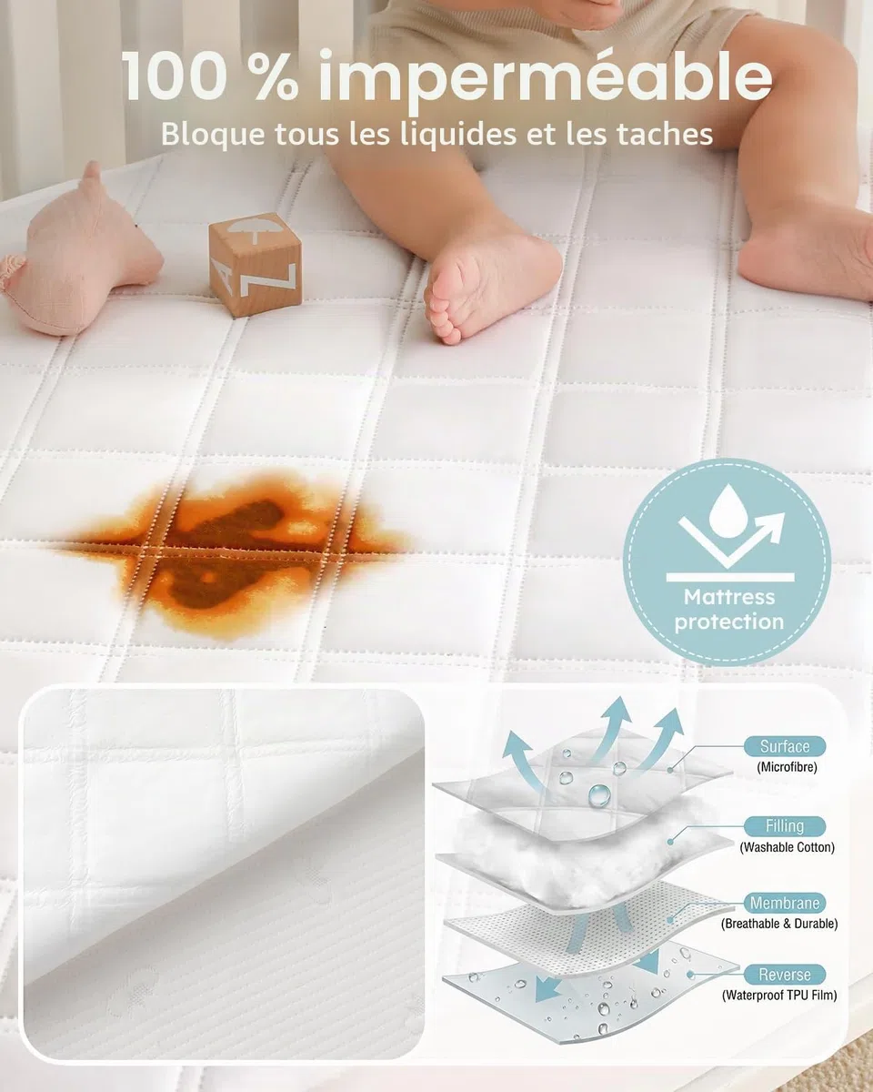Yoofoss Protège Matelas Imperméable Bebe 50x90 Drap Housse Ajustable Protection de Matelas Bébé Amovible y Lavable pour Lit Berceau