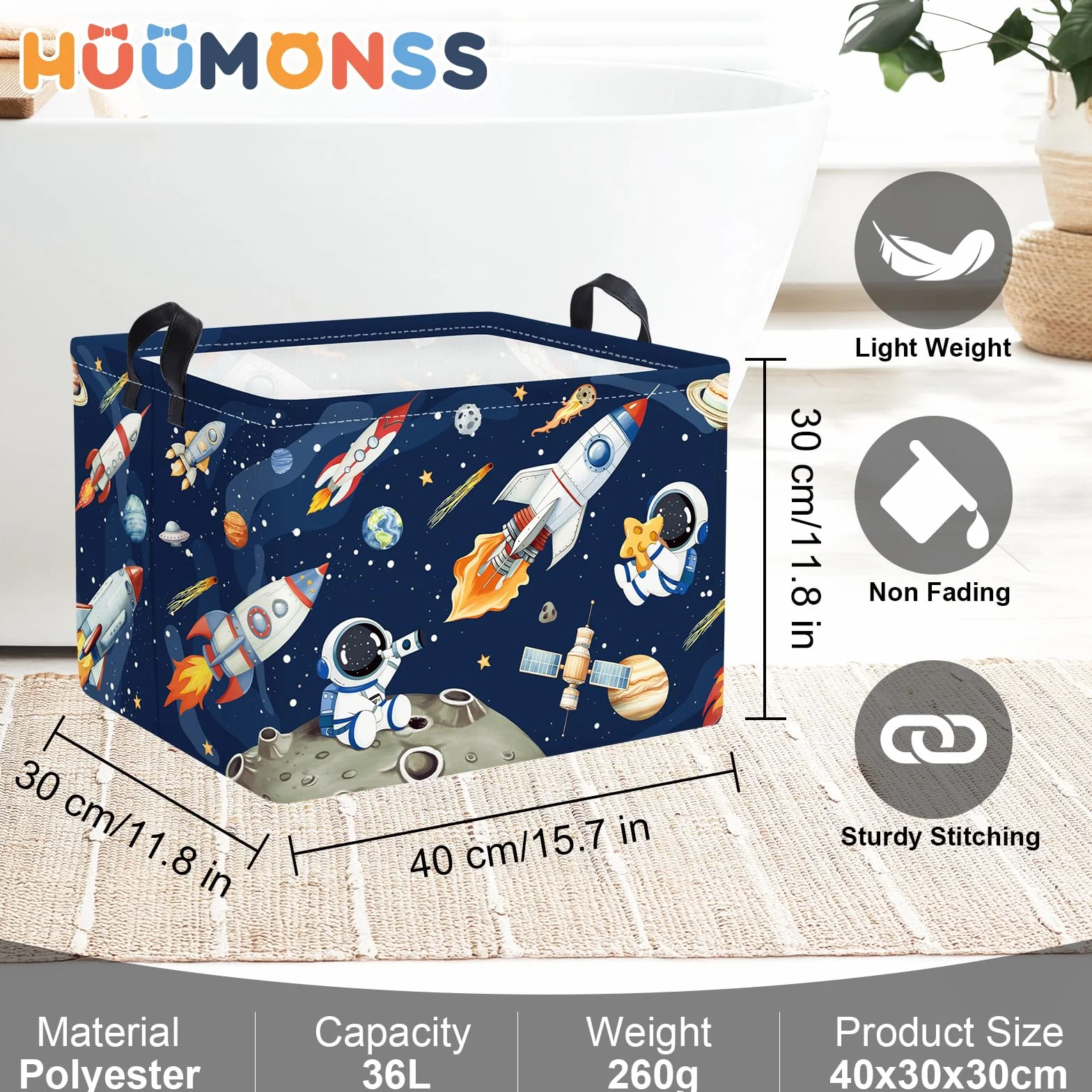 Grand Corbeille a Linge Fusées Spatiales Astronaute Repliable Panier Rangement Jouets Vêtements pour Maison, Bleu, 36L