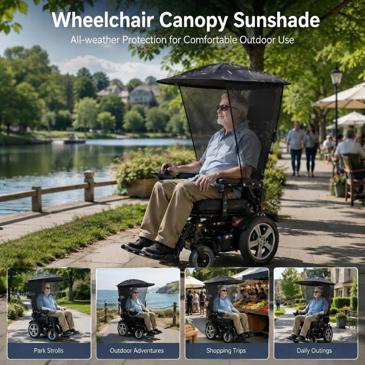 Auvent électrique pour fauteuil roulant réglable en gaze latérale respirante - Protection contre la pluie - Imperméable et résistant aux UV - Pour fauteuil roulant avec poignées - Accessoire