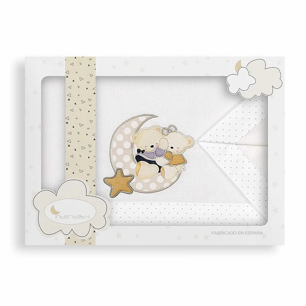 Interbaby Parure Lit 60 x 120 cm Drap 152 x 102 cm + Drap Dessous 120 x 60 x 12 cm + Coussin 60 x 30 cm Coton Modèle Amoroso B/Beige