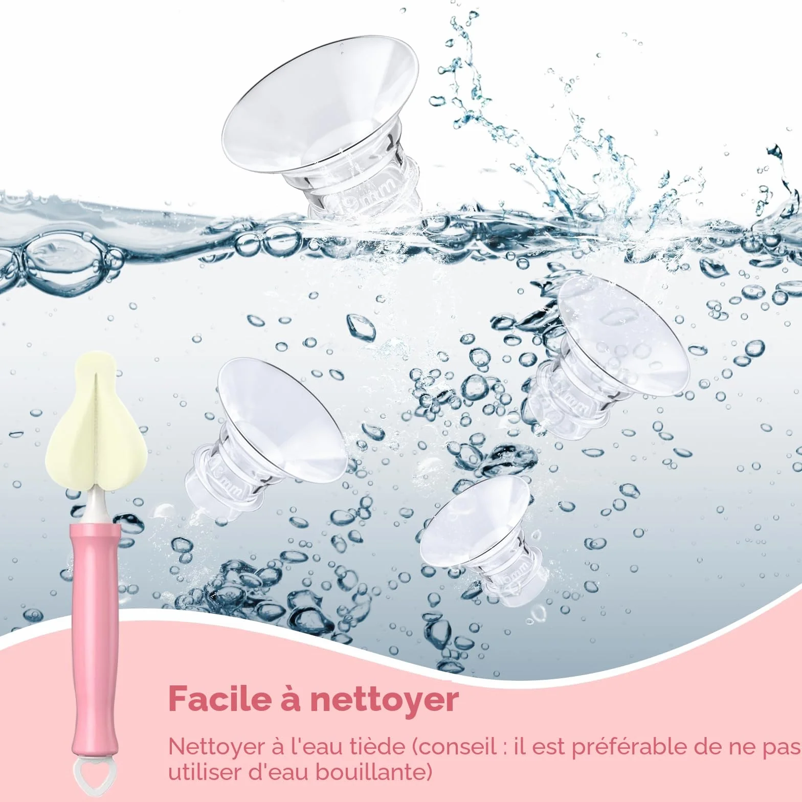 Inserts de Bride 13/15/17/19/21mm, Accessoires d'Allaitement Compatibles Pompes à Lait, Brosse de Nettoyage et Carte de Mesure