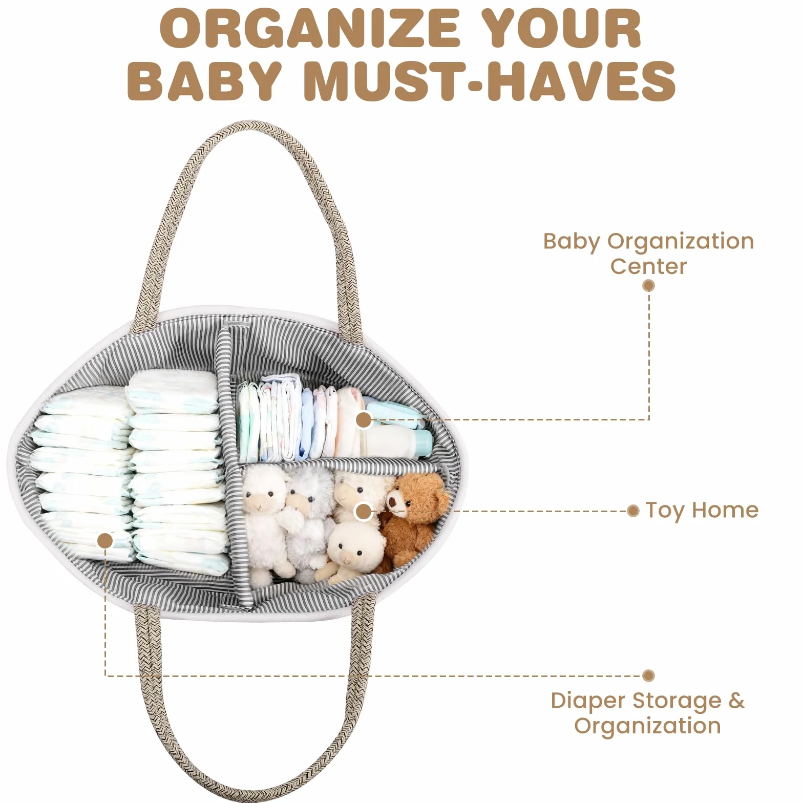 Zorplex Panier Rangement Bébé, Grand Organisateur de Couches avec Compartiments et Poignées, Panier Portable en Corde de Coton pour Table à Langer, Accessoires Nouveau-né et Cadeau de Naissance