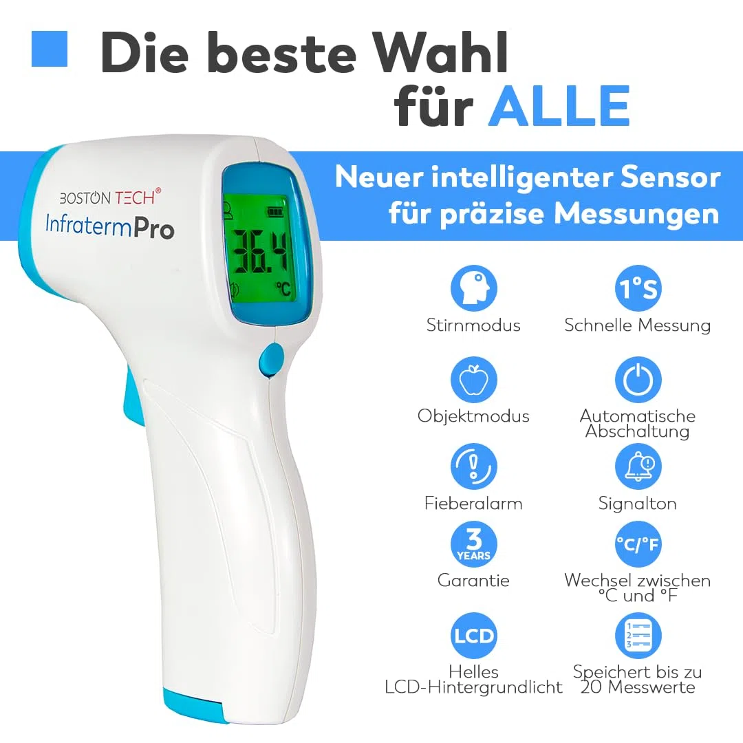 Thermomètre Frontal Infrarouge Sans Contact Boston Tech ME105 – Lecture Instantanée 1 s, Écran Rétroéclairé 3 Couleurs, Mémoire 20 Mesures, ℃/℉, Bébé & Adulte