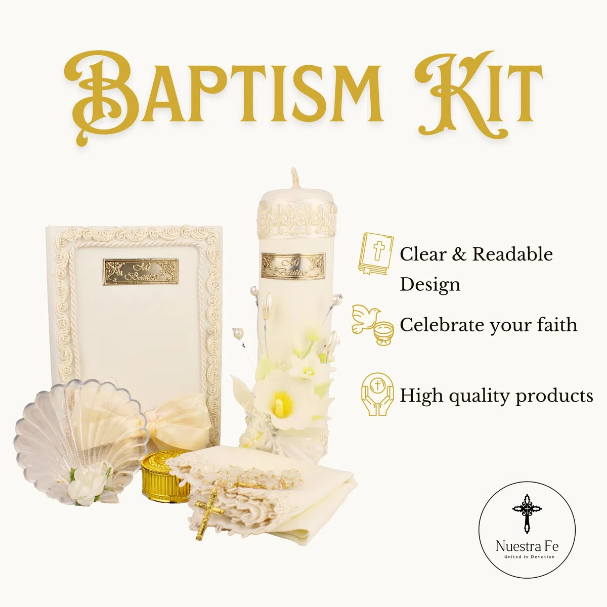 Lot de 5 bougies de baptême ivoire/crème – Velas para bautizo – Vela de bautizo – Lot de bougies de baptême catholiques – Kit de baptême avec bible, coquille et bougie
