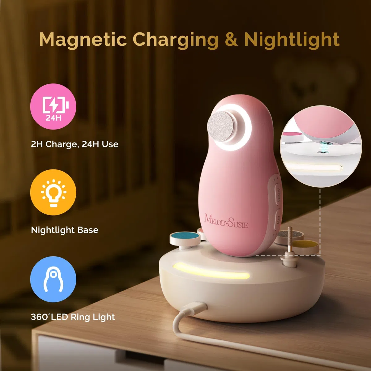 MelodySusie Lime à Ongles Électrique pour Bébé, Rechargeable Coupe-Ongles Bébé avec Support de Charge Magnétique et Veilleuse, Faible Bruit Ponceuse pour Ongles pour Nouveau-Nés & Enfants (rose)