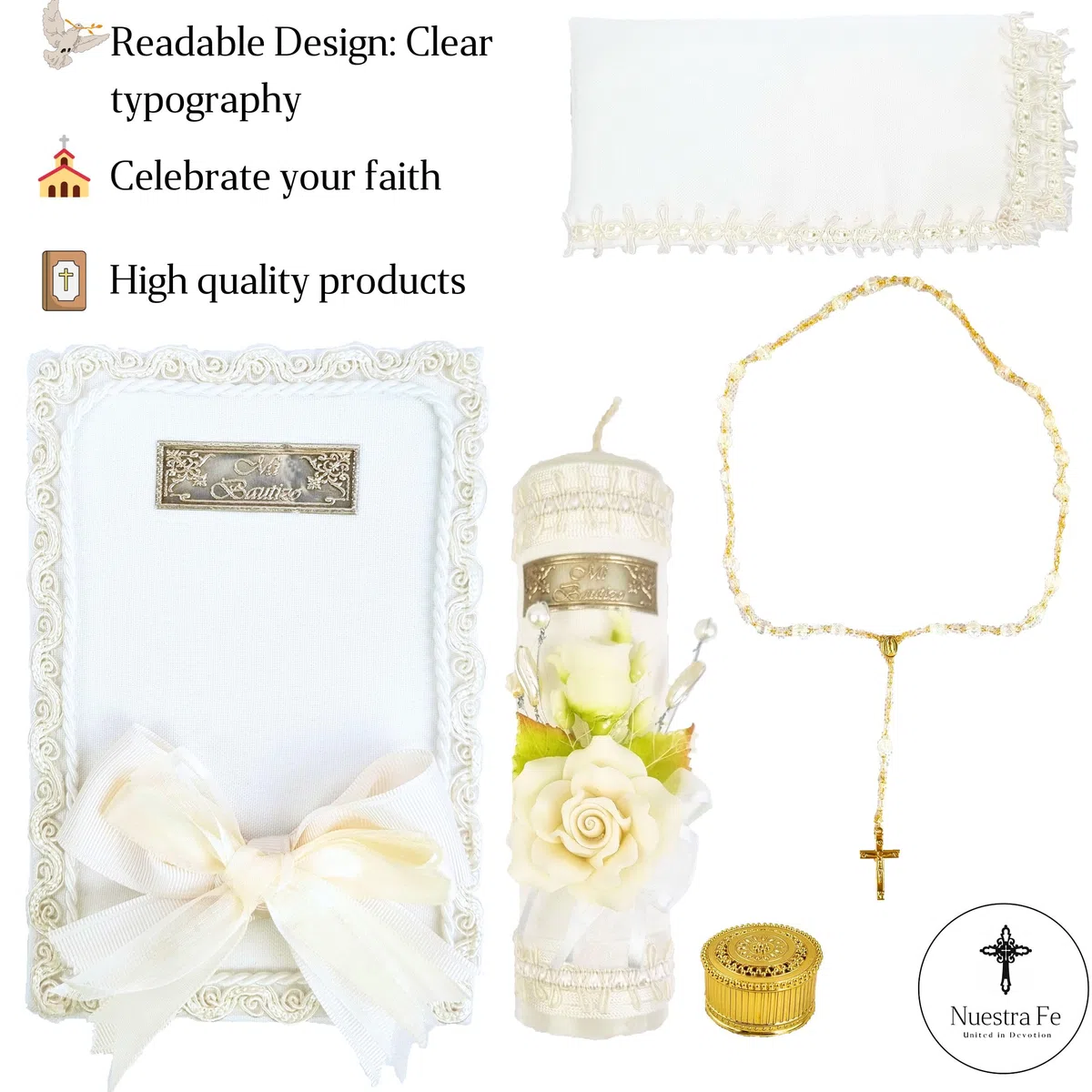 Lot de 5 bougies de baptême ivoire/crème – Velas para bautizo – Vela de bautizo – Lot de bougies de baptême catholiques – Kit de baptême avec bible, coquille et bougie