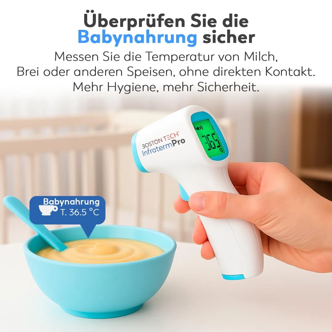 Thermomètre Frontal Infrarouge Sans Contact Boston Tech ME105 – Lecture Instantanée 1 s, Écran Rétroéclairé 3 Couleurs, Mémoire 20 Mesures, ℃/℉, Bébé & Adulte