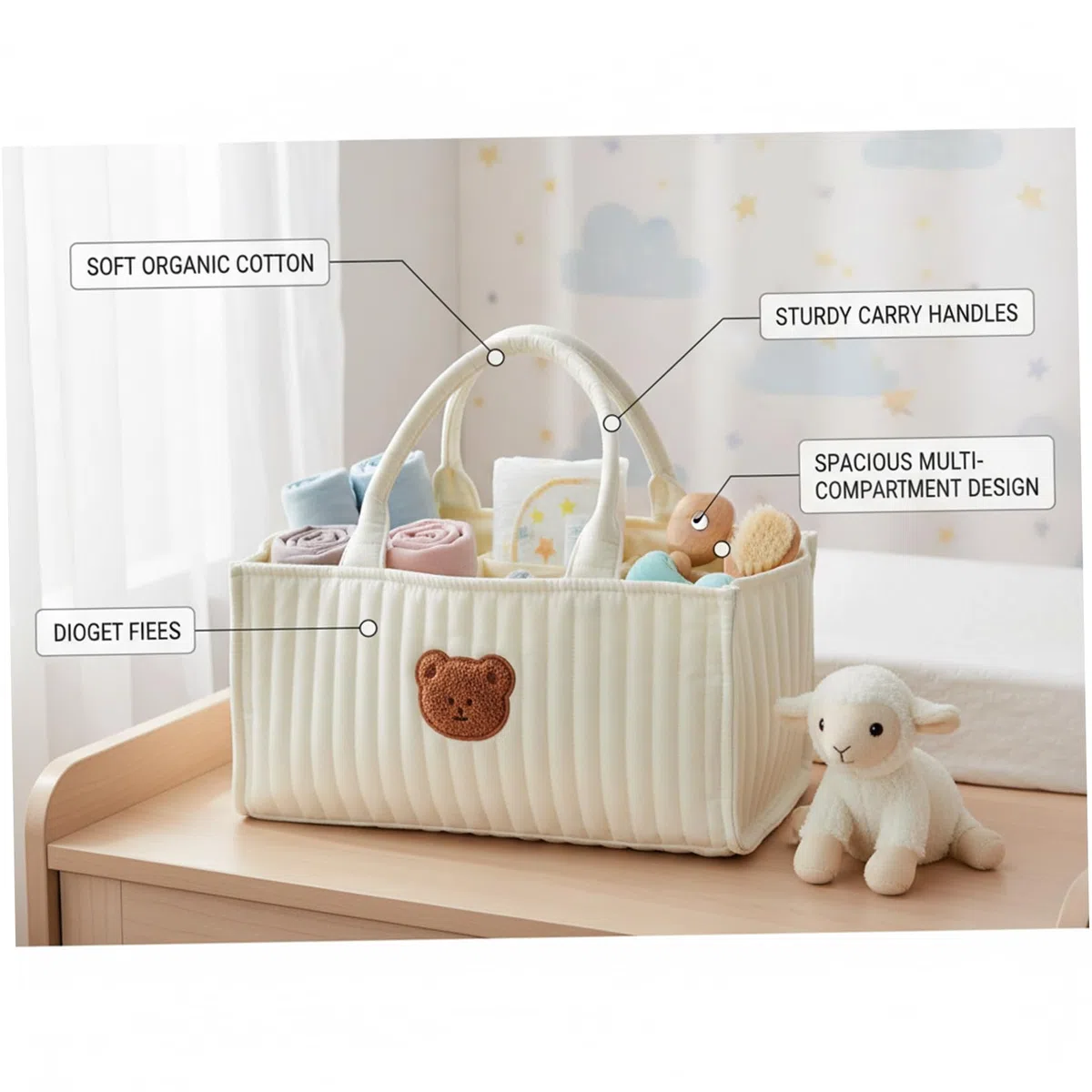 Panier à couches matelassé portable avec séparateurs amovibles et poignées pour la chambre de bébé, panier de rangement pour couches, lingettes, jouets et articles puériculture, à couc