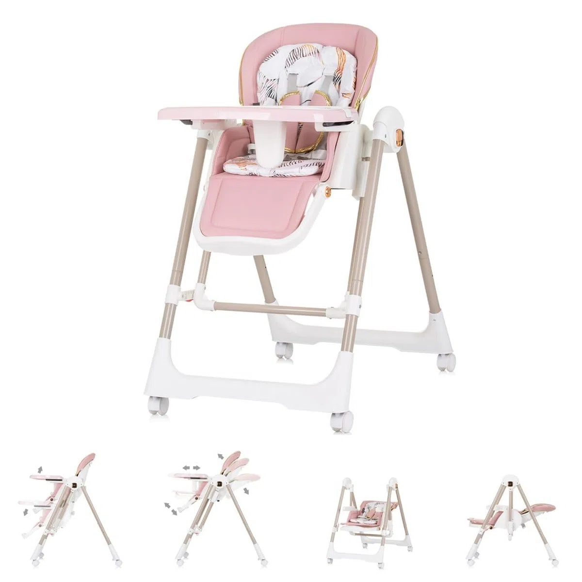 Chipolino Chaise haute 2 en 1 Milk Shake, réglable, Balançoire bébé, Roues, coloris:rose