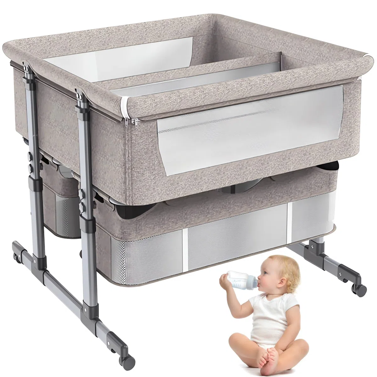 Lit Bébé Cododo avec Matelas,Berceau Cododo Bébé Pliable ,6 Niveaux de Hauteur Lit Bébé Jumeau avec Rampe Anti-reflux,Séparateur Amovible et Roues Silencieuses pour Nourrissons de 0 à 3 ans (Kaki)