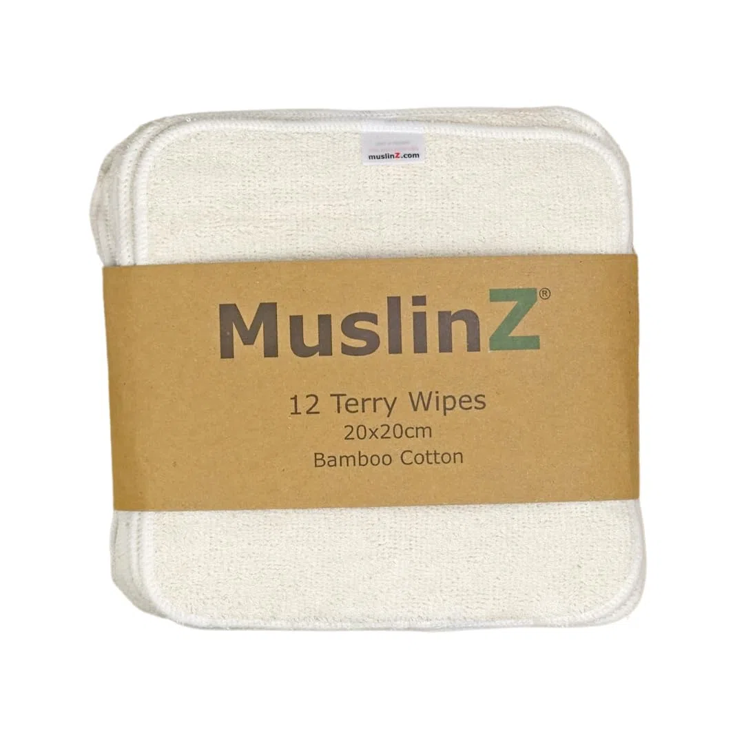 MuslinZ 12PK Essuie Bambou Coton Terry Wipes 20x20 cms Face Cloth Lavable Baby Wipes (Unbleached)...