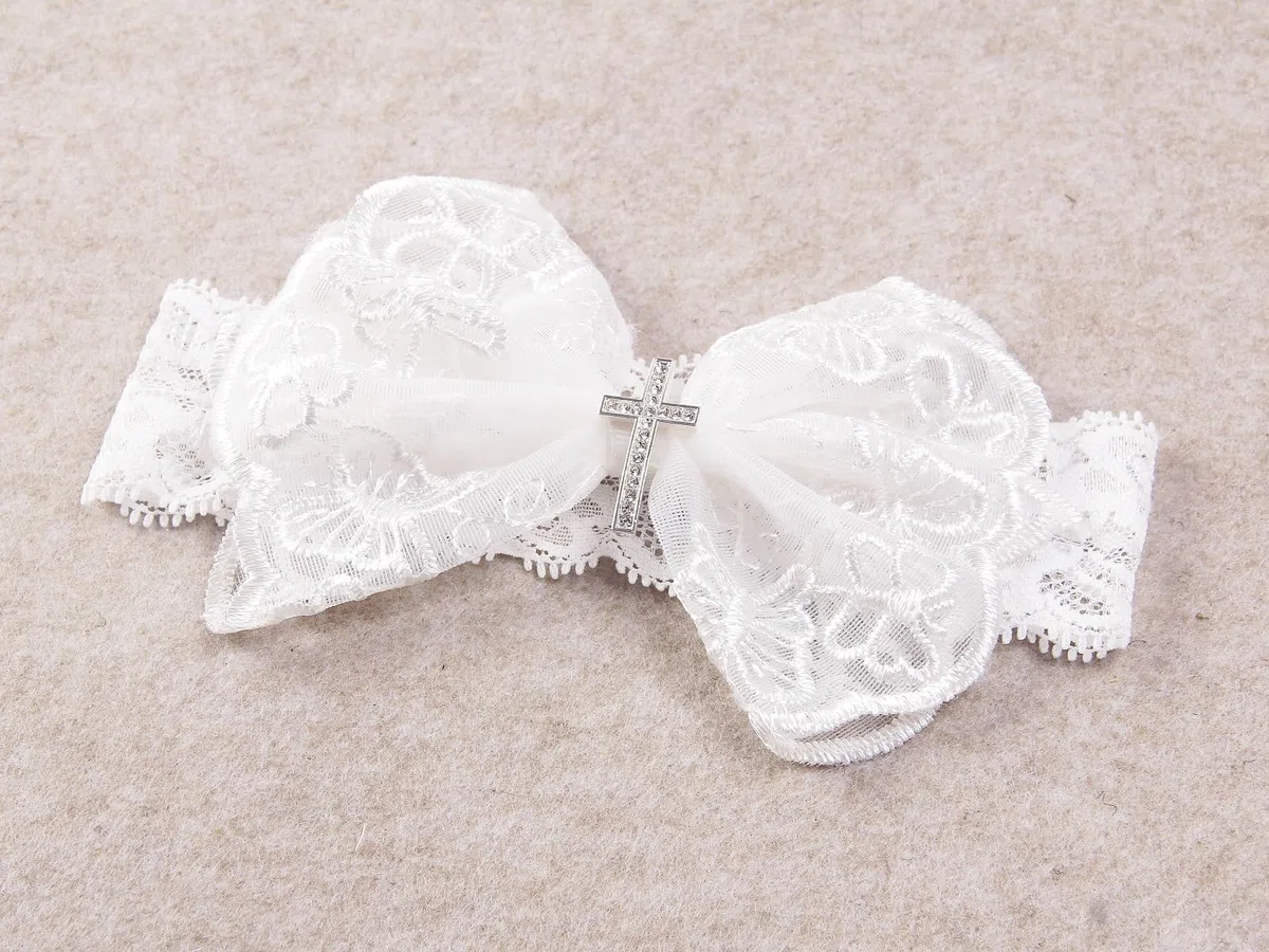 Nishine 2 Pack Baptême Serre-tête de baptême pour bébé avec nœud blanc Bandeau de cheveux pour enfant(Bouton de croix)