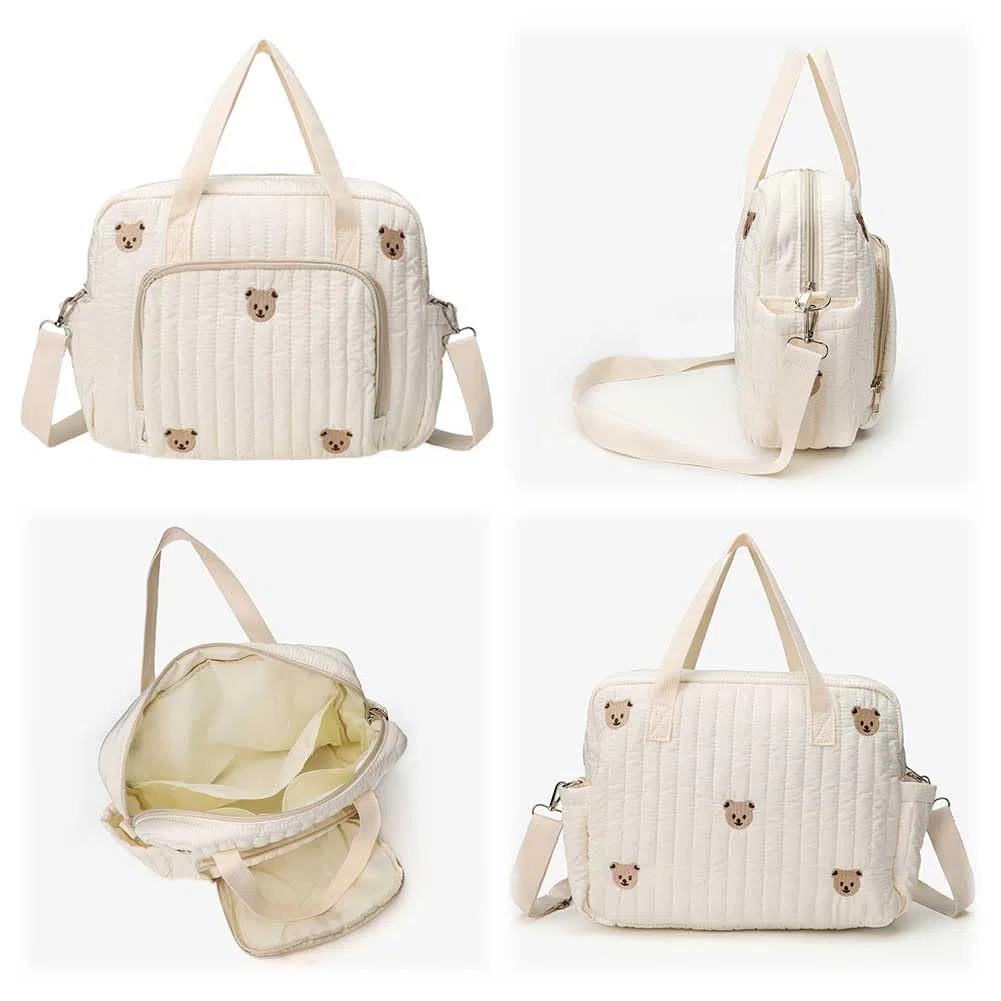 Grand sac à langer cabas, sac à langer matelassé avec motif ours et fleurs, bandoulière réglable, sacs multifonctionnel pour maternité et change de bébé, sacs de voyage pour forents actifs