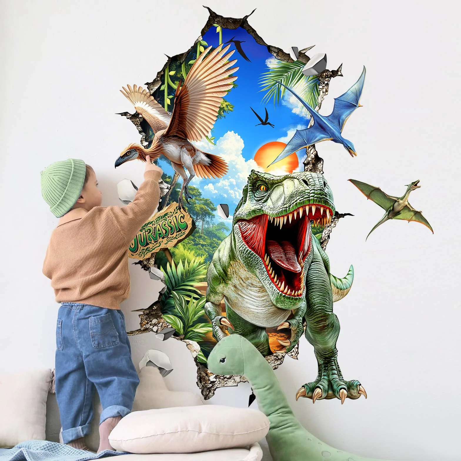 Tanlaby 3D Grand Stickers Muraux Dinosaure Autocollants Muraux Stickers Animaux Dino Sticker Mural pour Enfant Chambre Bébé Garçon Salle de Jeux Bébé Pépinière