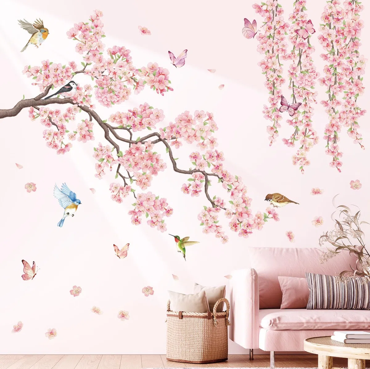 DECOWALL Stickers Muraux Fleurs de Cerisier, Branches Florales avec Oiseaux et Papillons pour Chambre Salon Décoration Murale (SG3-2320)