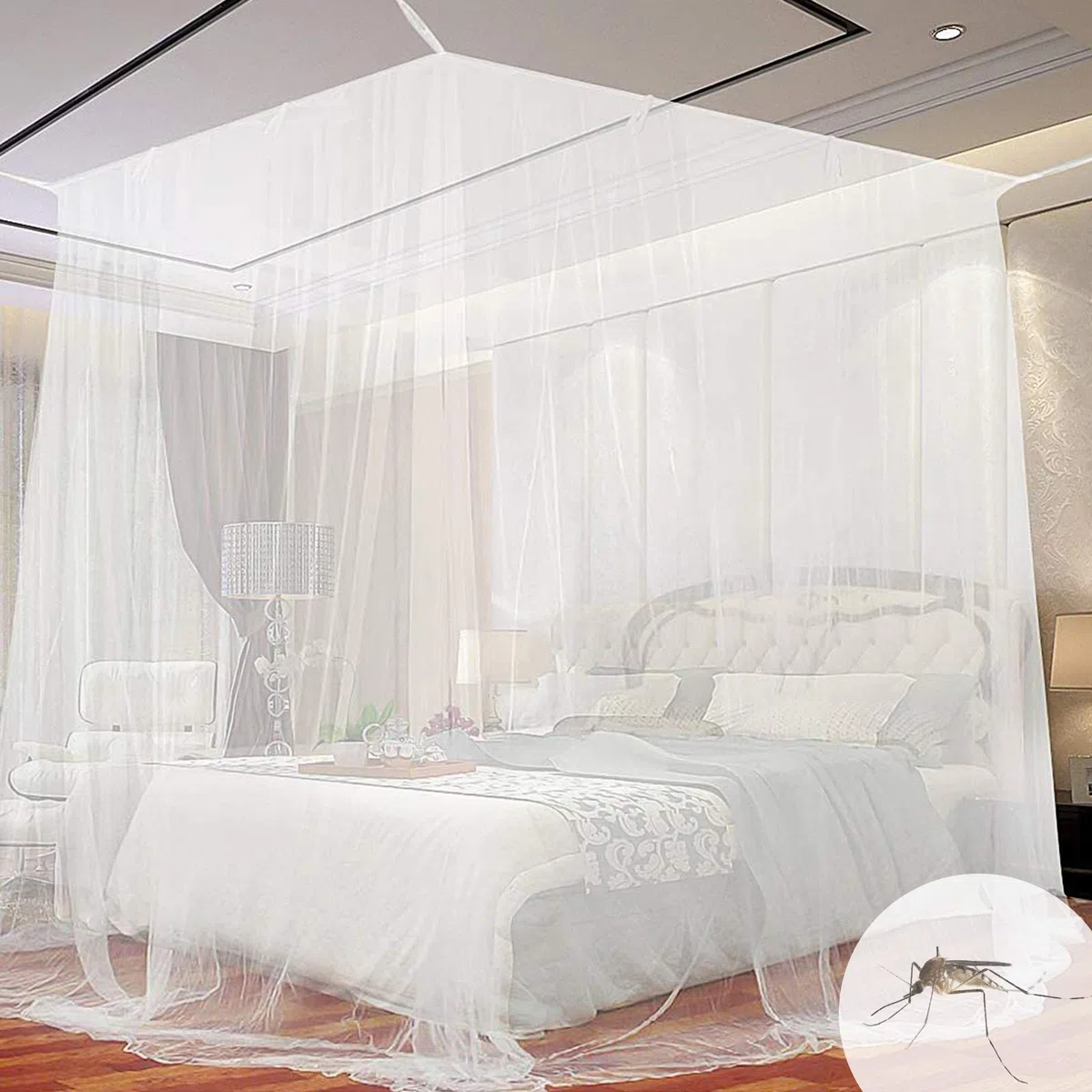 Moustiquaire de Lit Carrée, Moustiquaire Carrée Universelle, Adaptée à la Plupart des Types de Lits, pour se Protéger Efficacement des Moustiques- Blanc (200 * 200 * 180cm)