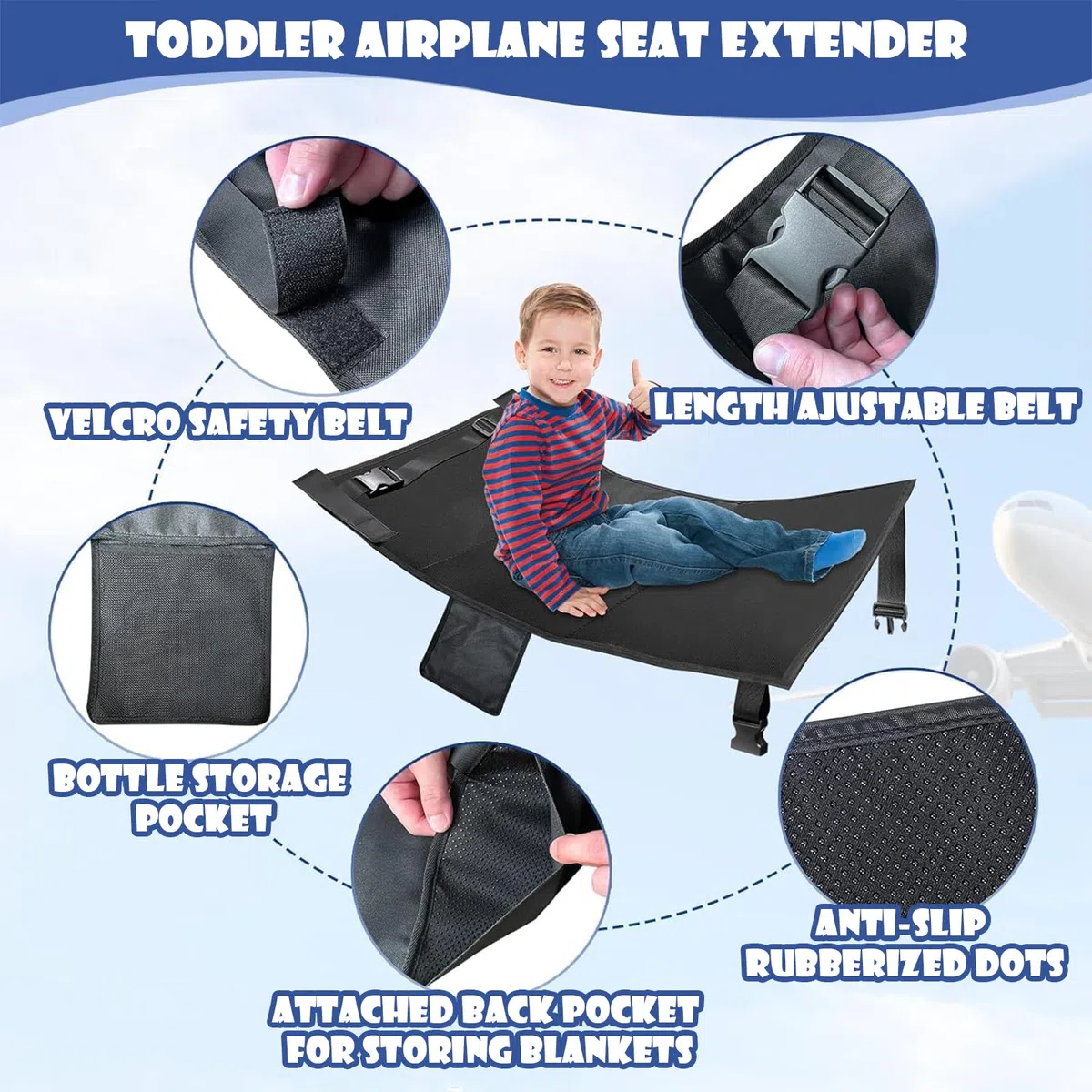 Lit d'avion pour enfants, lit de voyage portable pour tout-petits, ensemble de 2 pièces avec sac en polyester, lit d'avion pour tout-petits - Noir