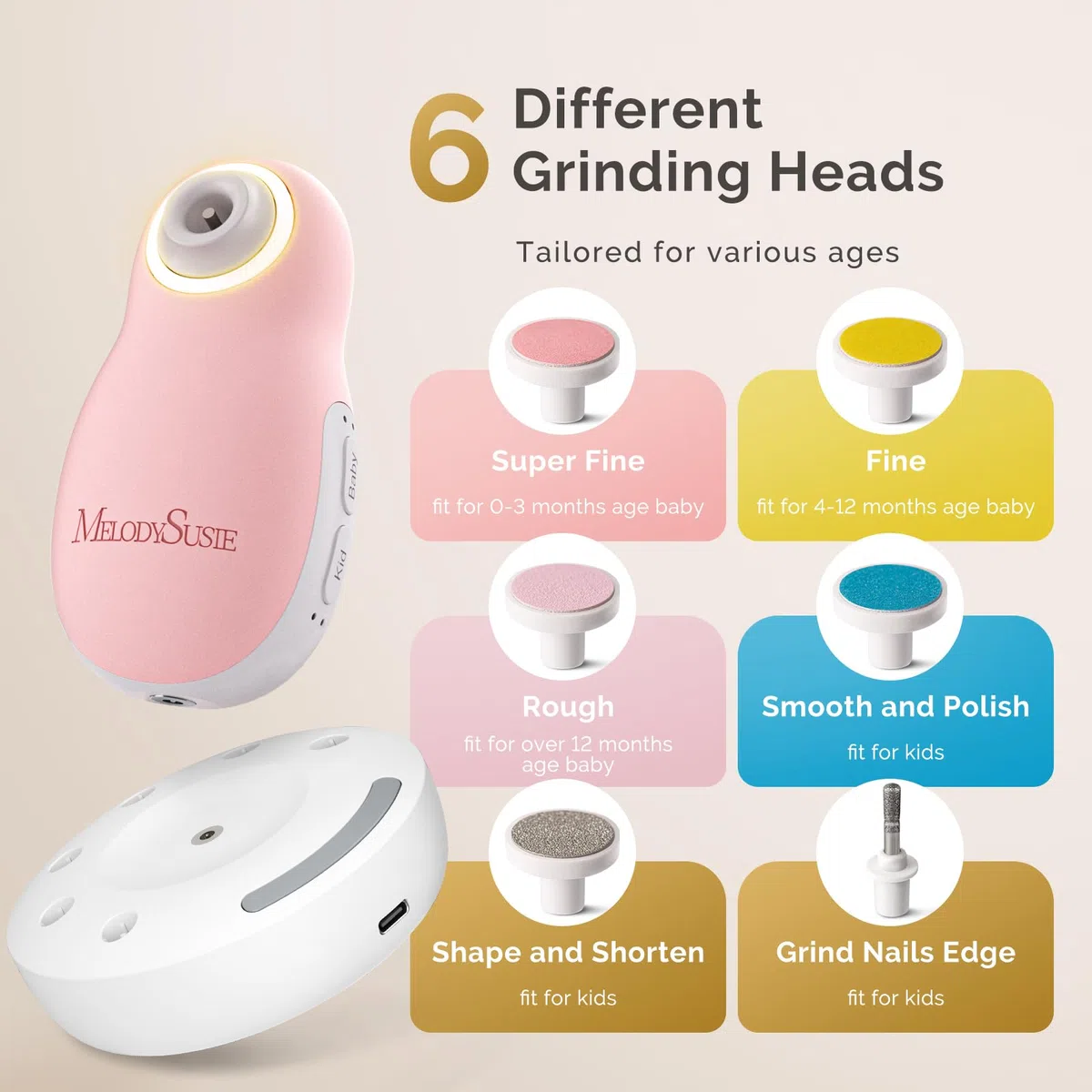 MelodySusie Lime à Ongles Électrique pour Bébé, Rechargeable Coupe-Ongles Bébé avec Support de Charge Magnétique et Veilleuse, Faible Bruit Ponceuse pour Ongles pour Nouveau-Nés & Enfants (rose)