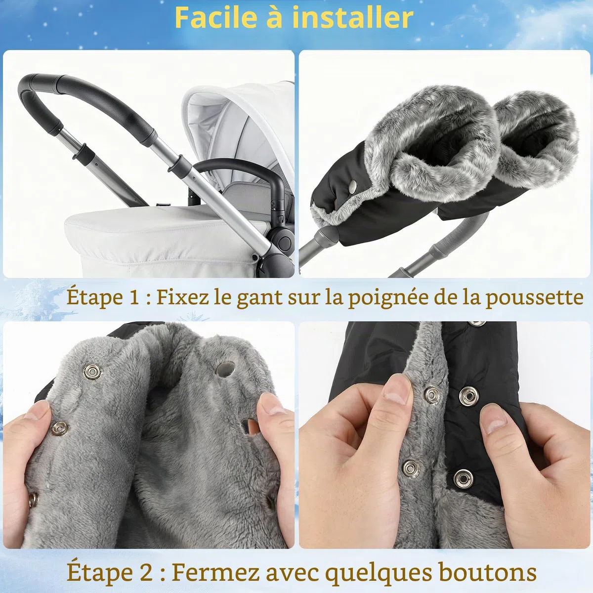 Gants Poussette, Protège-Mains de Poussette Universel-Vent et Imperméable Gant, étendus Poussette Coton Antigel Gants Bébé Chauffe, pour Poussette, Landau, Vélo et Fauteuil Roulant
