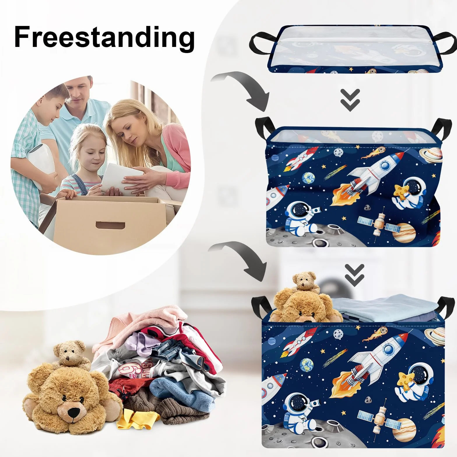 Grand Corbeille a Linge Fusées Spatiales Astronaute Repliable Panier Rangement Jouets Vêtements pour Maison, Bleu, 36L