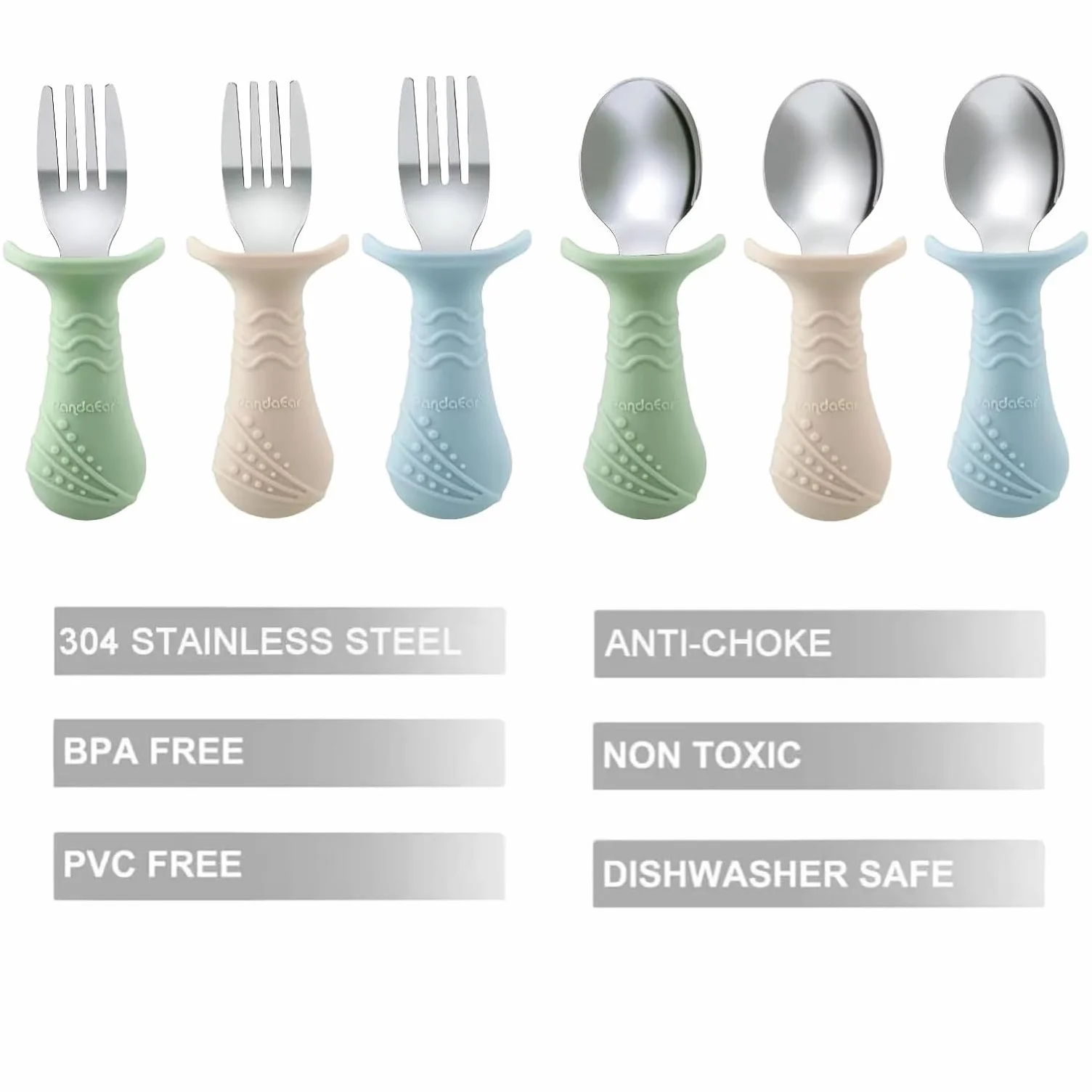 PandaEar Ensemble de Couverts pour Bébé, 6 Pièces Cuillères et Fourchettes en Silicone et Acier Inoxydable pour Bébés et Tout-Petits, sans BPA avec Design Antichoc en Silicone (Bleu & Vert & Beige)