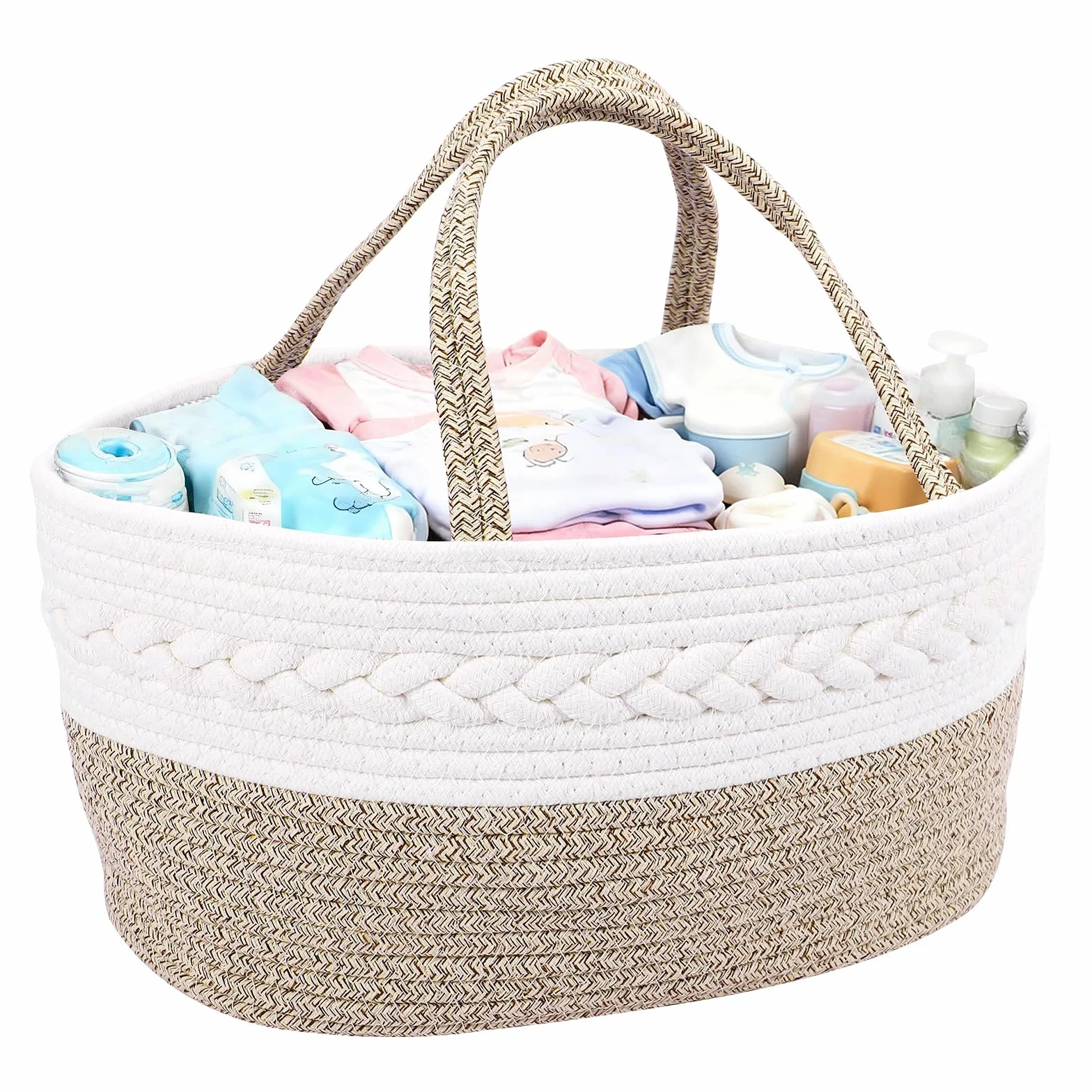 Zorplex Panier Rangement Bébé, Grand Organisateur de Couches avec Compartiments et Poignées, Panier Portable en Corde de Coton pour Table à Langer, Accessoires Nouveau-né et Cadeau de Naissance