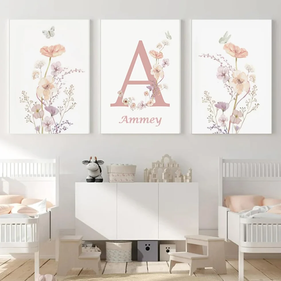 Youihom 3 Affiche Prenom Bebe Fille Tableau Chambre Enfant Fleur Rose 30x40 Poster Personnalisé Bebe Toile Chambre Enfant Affiche Decoration Murale Bébé Fille sans Cadre