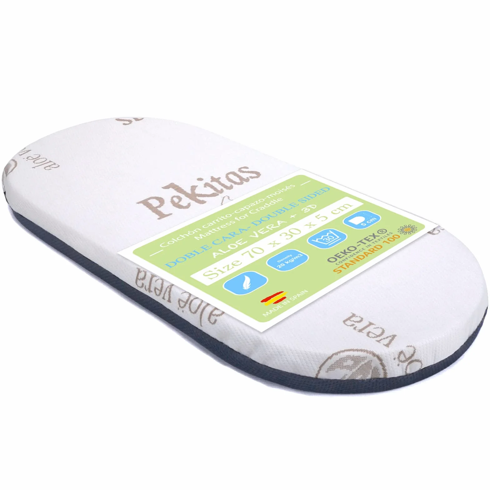 Pekitas Matelas ovale universel double-face respirant et lavable pour berceau et poussette Hauteur 5 cm 70 x 30 cm