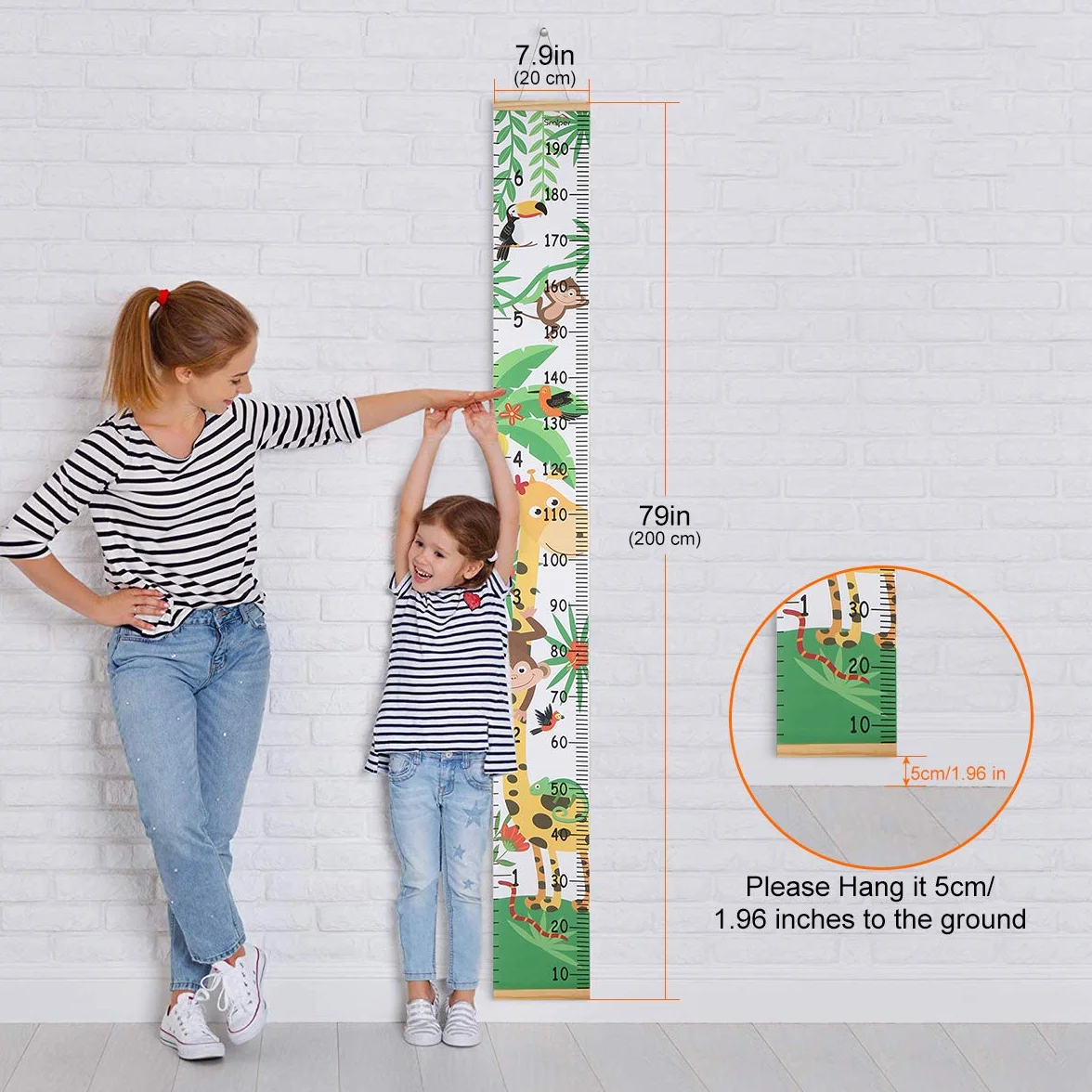 Bébé Toise Murale à Suspendre Règle pour Enfants, Toile Hauteur Règle de Mesure pour Décoration de Salle de Chambre D'enfant, 200cm x 20cm