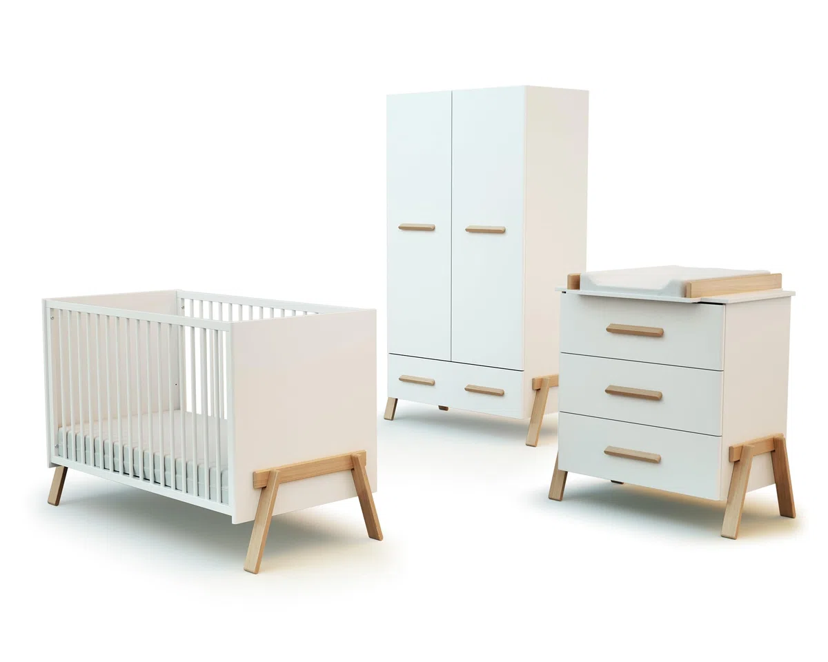 AT4 - Chambre bébé lit, Commode à Langer 3 tiroirs et Armoire Canaille Bois