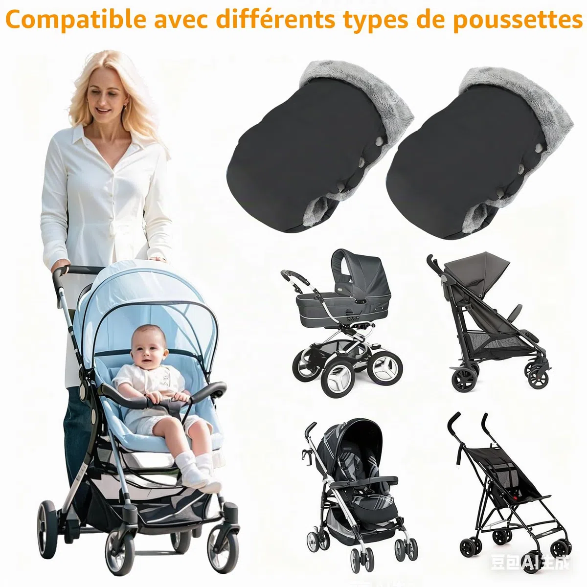 Gants Poussette, Protège-Mains de Poussette Universel-Vent et Imperméable Gant, étendus Poussette Coton Antigel Gants Bébé Chauffe, pour Poussette, Landau, Vélo et Fauteuil Roulant