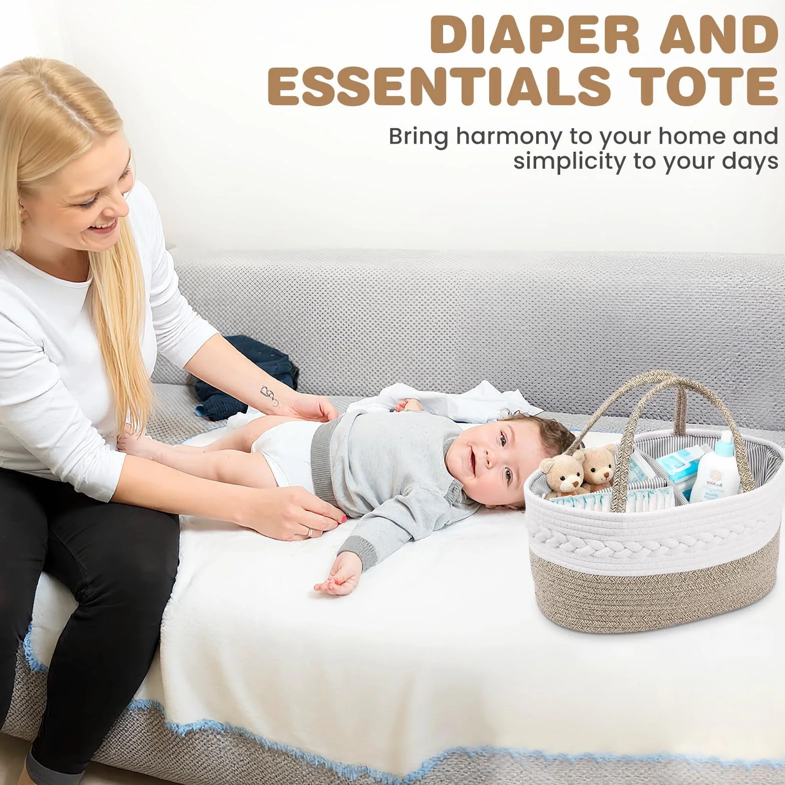 Zorplex Panier Rangement Bébé, Grand Organisateur de Couches avec Compartiments et Poignées, Panier Portable en Corde de Coton pour Table à Langer, Accessoires Nouveau-né et Cadeau de Naissance