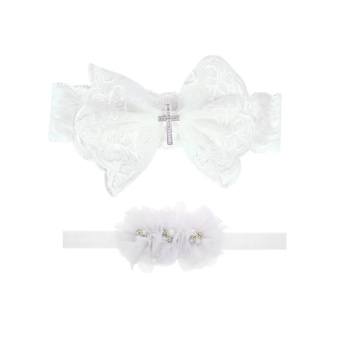 Nishine 2 Pack Baptême Serre-tête de baptême pour bébé avec nœud blanc Bandeau de cheveux pour enfant(Bouton de croix)