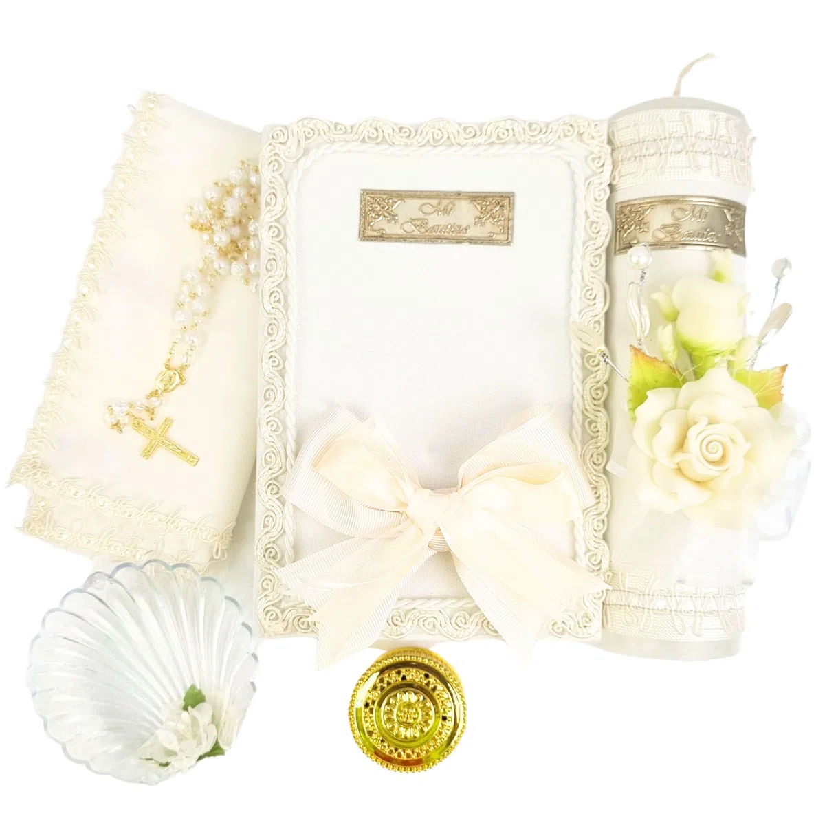 Lot de 5 bougies de baptême ivoire/crème – Velas para bautizo – Vela de bautizo – Lot de bougies de baptême catholiques – Kit de baptême avec bible, coquille et bougie