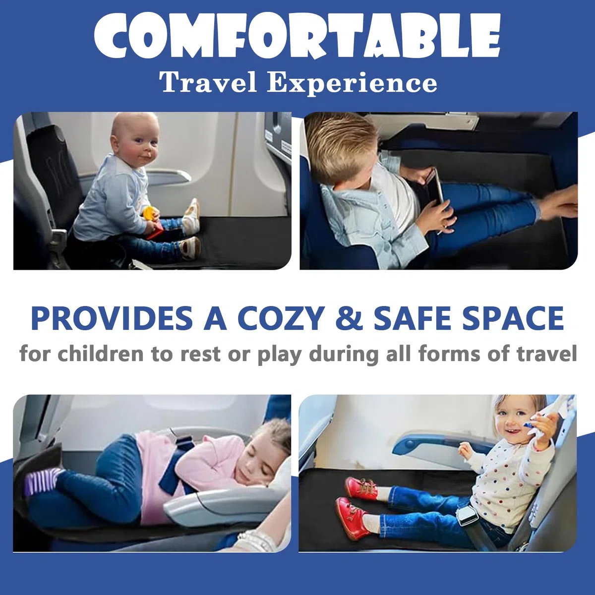 Lit d'avion pour enfants, lit de voyage portable pour tout-petits, ensemble de 2 pièces avec sac en polyester, lit d'avion pour tout-petits - Noir
