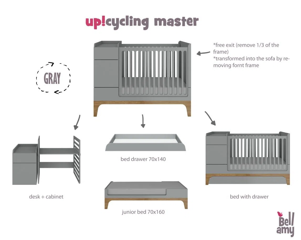 Bellamy UP ! Lit bébé multifonctionnel gris 70 x 120 à 70 x 160 cm avec tiroir et table à langer | Lit bébé grandissant avec bébé, chêne/blanc + matelas et table à langer en lin neige