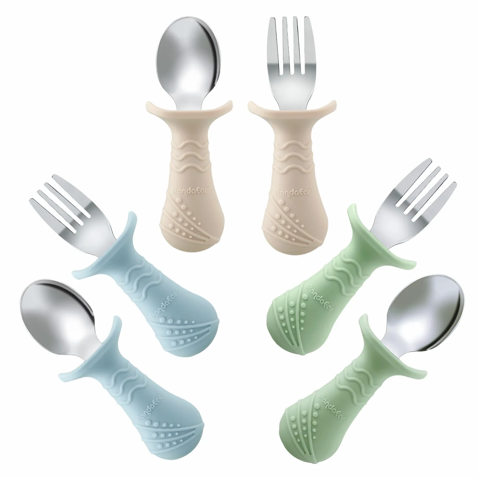 PandaEar Ensemble de Couverts pour Bébé, 6 Pièces Cuillères et Fourchettes en Silicone et Acier Inoxydable pour Bébés et Tout-Petits, sans BPA avec Design Antichoc en Silicone (Bleu & Vert & Beige)