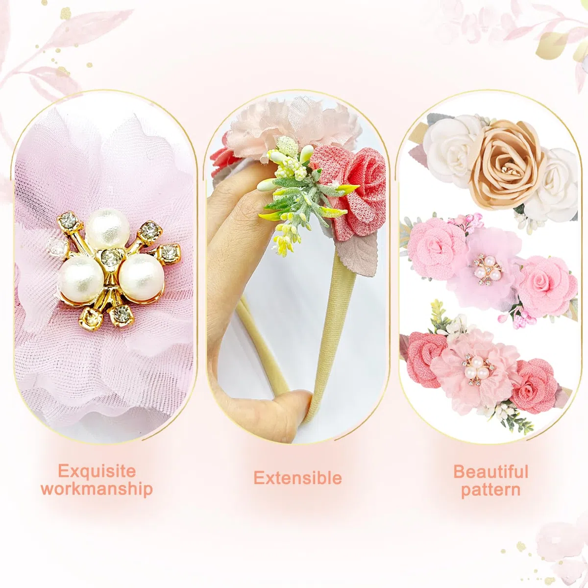 Lot de 3 bandeaux pour bébé fille, bandeaux pour fille avec ruban gros-grain, floraux en nylon pour bébé, tout-petits et accessoires pour cheveux nouveau-nés (rose)