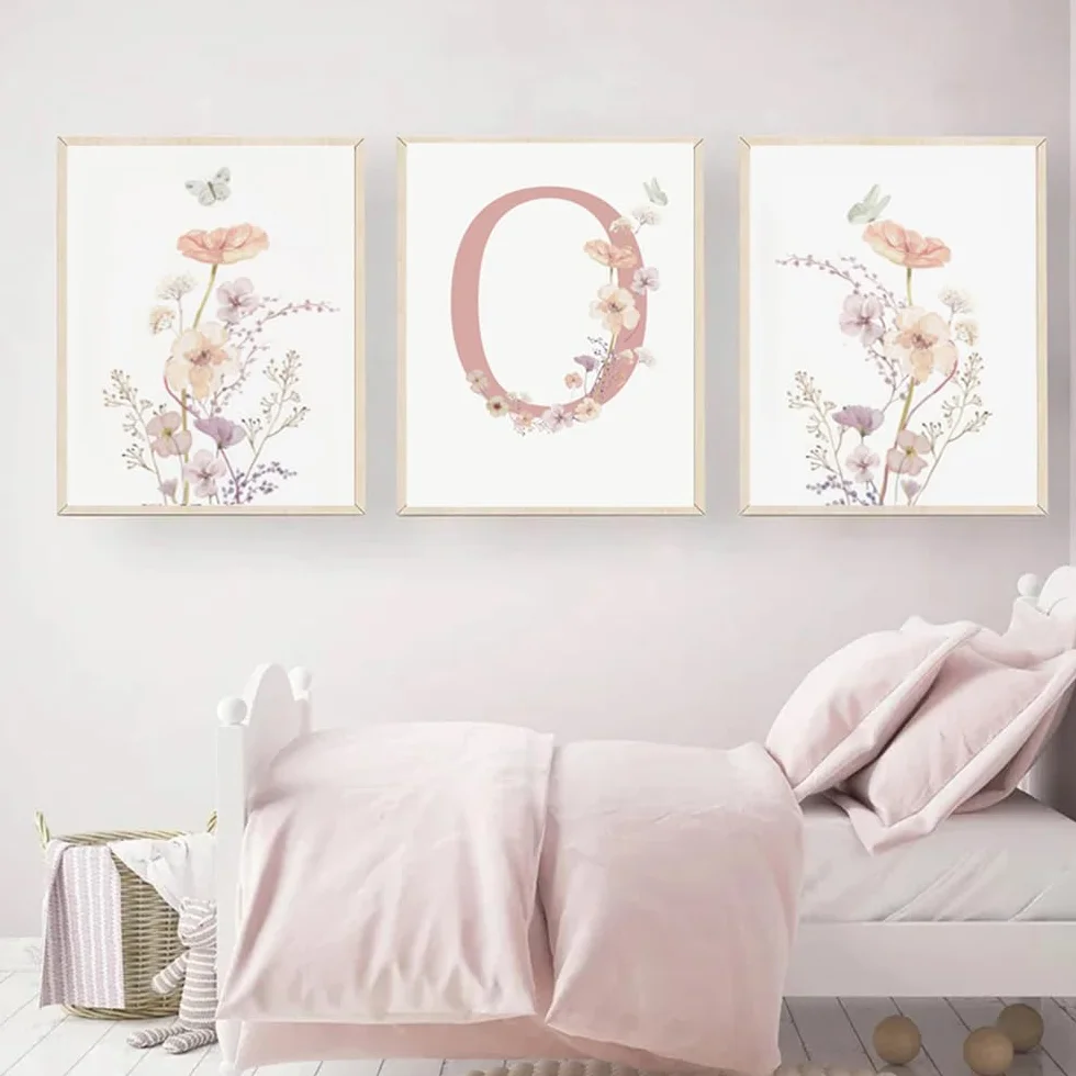 Youihom 3 Affiche Prenom Bebe Fille Tableau Chambre Enfant Fleur Rose 30x40 Poster Personnalisé Bebe Toile Chambre Enfant Affiche Decoration Murale Bébé Fille sans Cadre